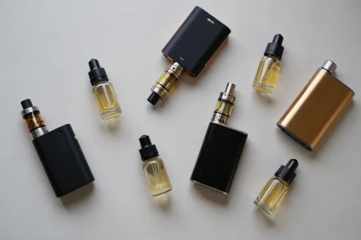 スタイリッシュなVAPEデバイスと様々なリキッドボトル